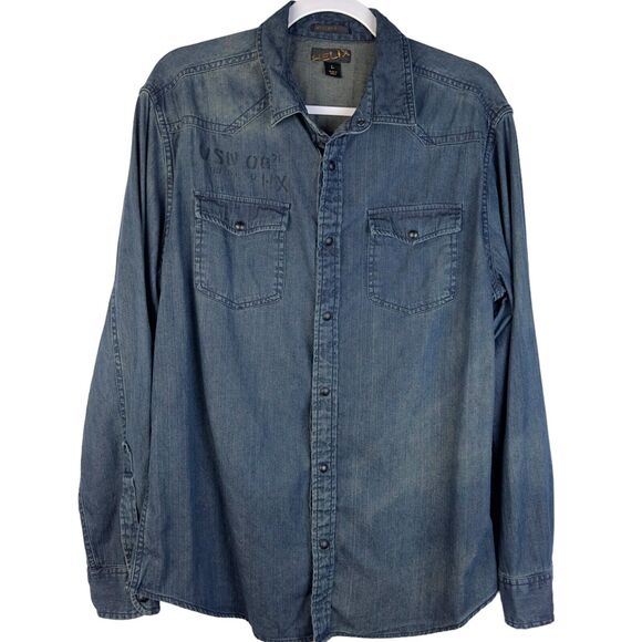 Helix Mens Denim Shirt Pearl Snap Graphic Long Sleeve Collared Button Size L Y2K - Picture 1 of 8